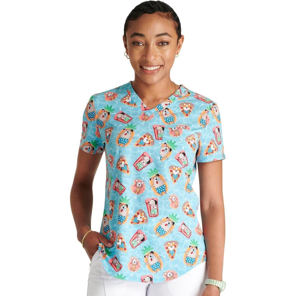 imageCherokee Scrubs for Women VNeck Printed Scrub Top Modern Classic Fit with 3 Pockets Shaping Darts amp Side Vents CK664Pool Pawrty