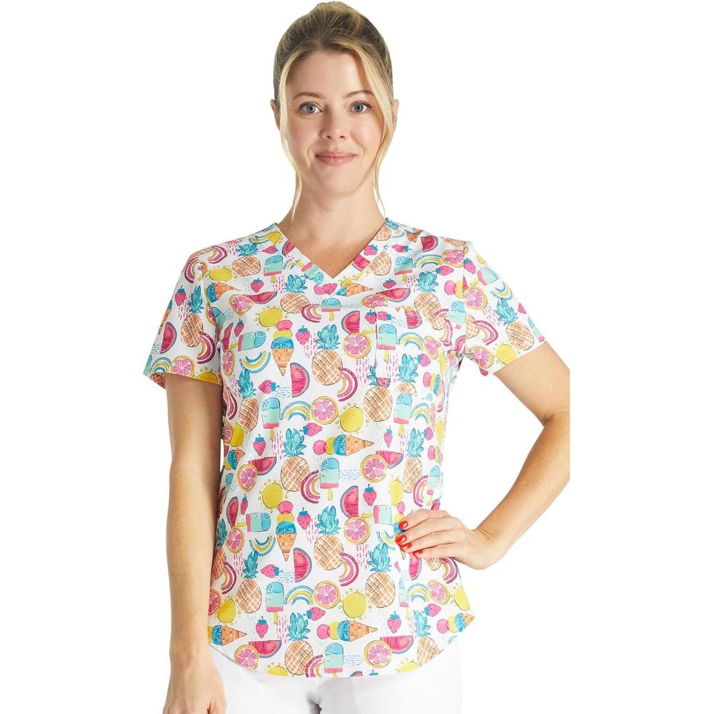 imageCherokee Scrubs for Women VNeck Printed Scrub Top Modern Classic Fit with 3 Pockets Shaping Darts amp Side Vents CK664Sweet Vibes