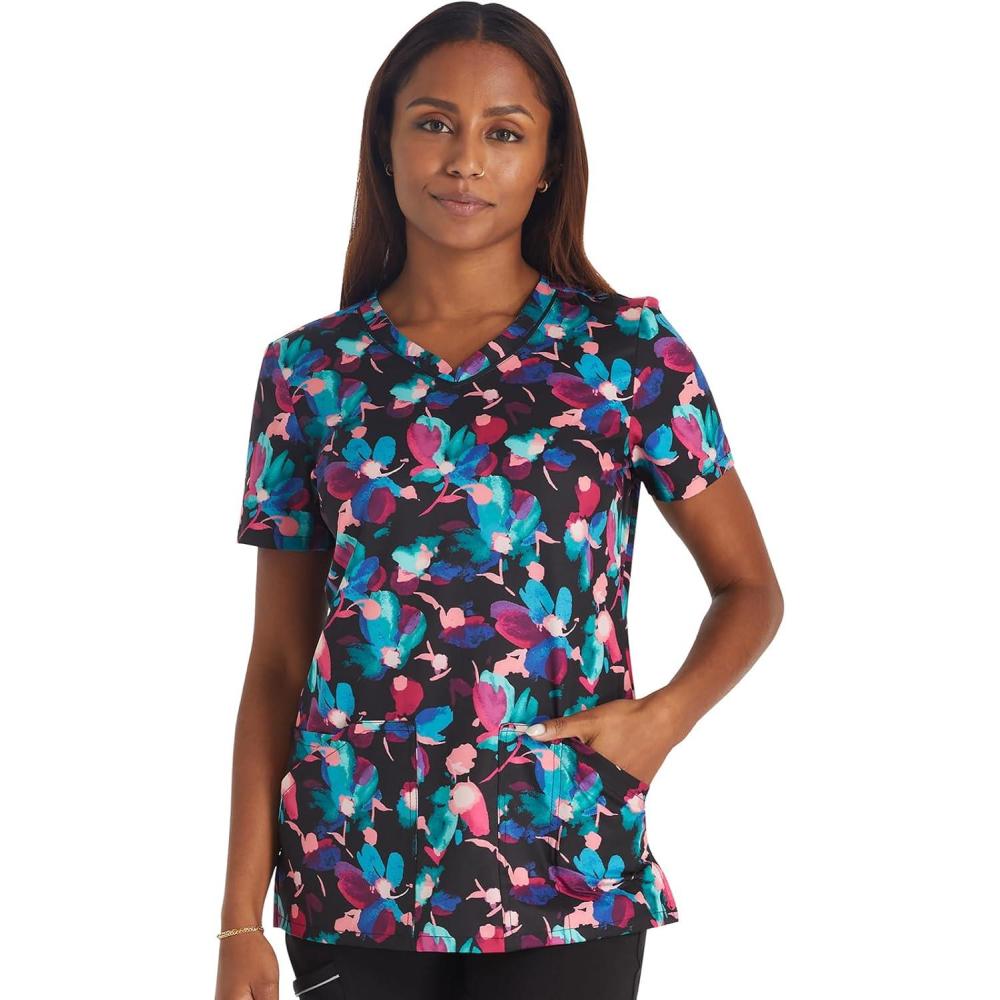 imageCherokee Scrubs for Women VNeck Printed Top Modern Classic Fit with 3 Pockets Knit Details amp Side Vents CK678Brushing Blooms