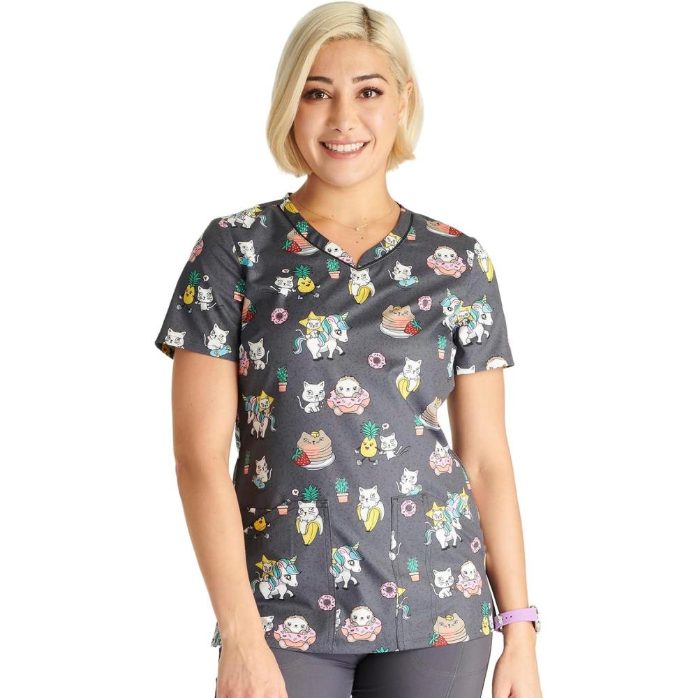 imageCherokee Scrubs for Women VNeck Printed Top Modern Classic Fit with 3 Pockets Knit Details amp Side Vents CK678Feline Friendly