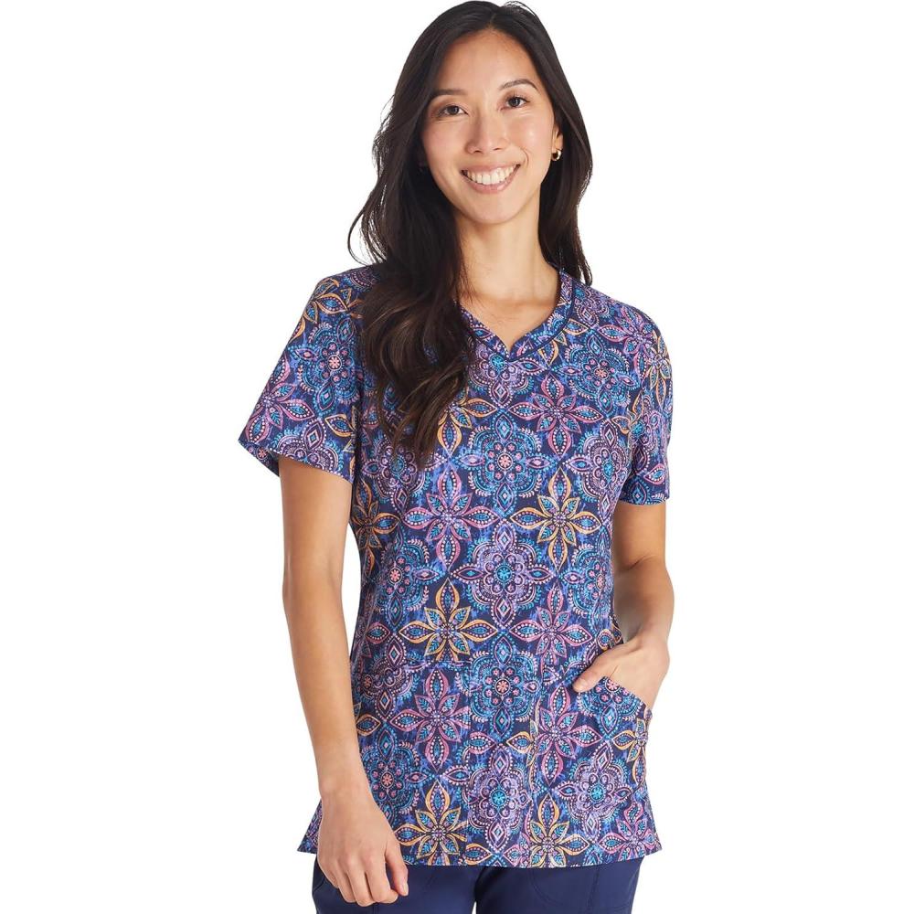 imageCherokee Scrubs for Women VNeck Printed Top Modern Classic Fit with 3 Pockets Knit Details amp Side Vents CK678One in a Medallion
