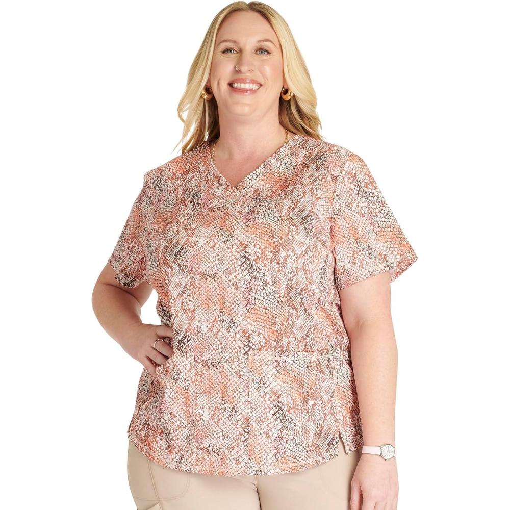 imageCherokee Scrubs for Women VNeck Printed Top Modern Classic Fit with 3 Pockets Knit Details amp Side Vents CK678Python Perfection