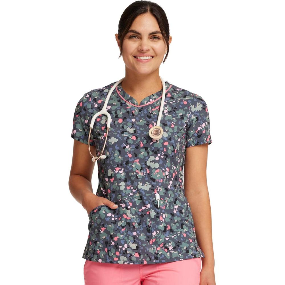 imageCherokee Scrubs for Women VNeck Printed Top Modern Classic Fit with 3 Pockets Knit Details amp Side Vents CK678What the Speck