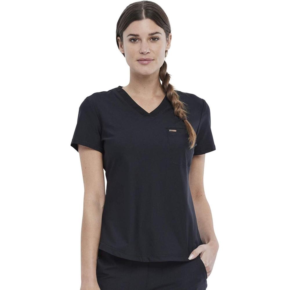 imageCherokee Scrubs for Women VNeck Top Tuckable Contemporary Fit Top Stretch Knit MoistureWicking Shirttail Hem CK819Black