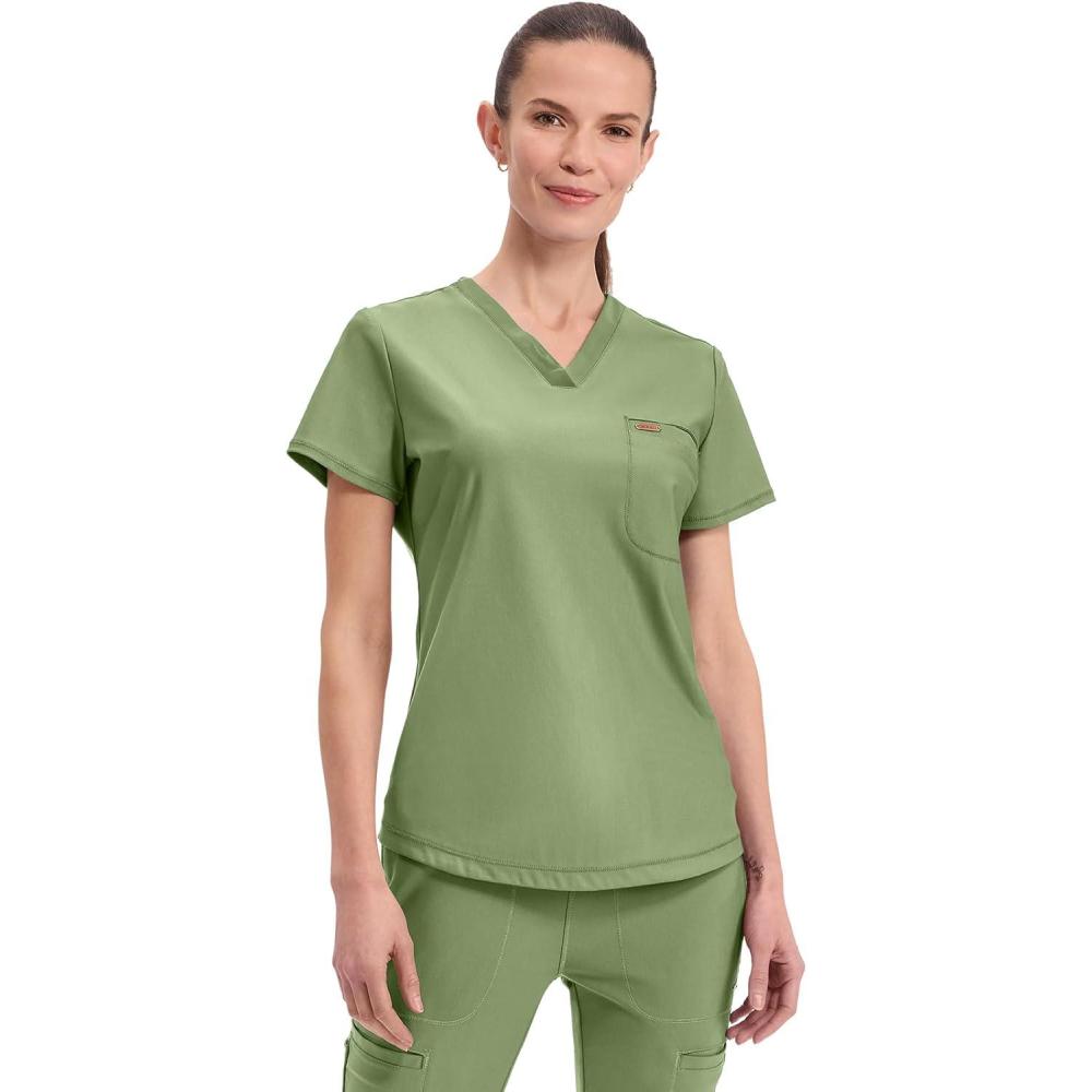 imageCherokee Scrubs for Women VNeck Top Tuckable Contemporary Fit Top Stretch Knit MoistureWicking Shirttail Hem CK819Bright Sage