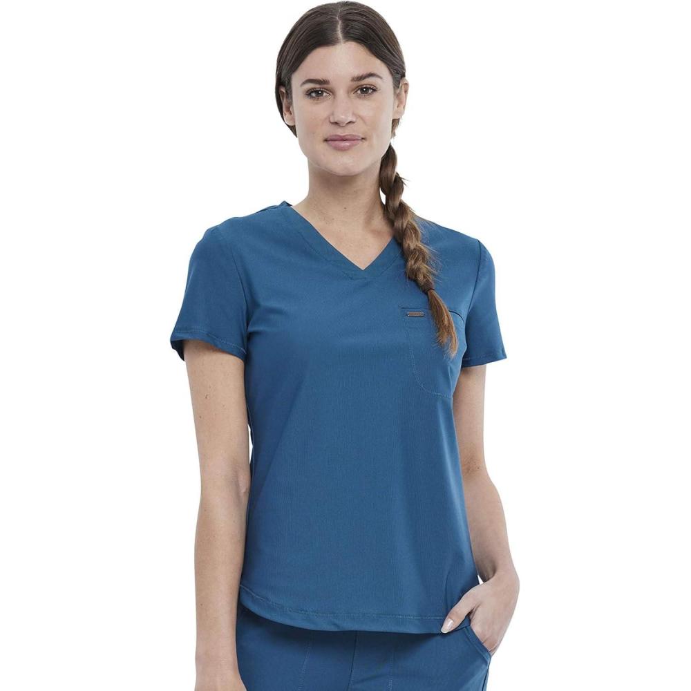 imageCherokee Scrubs for Women VNeck Top Tuckable Contemporary Fit Top Stretch Knit MoistureWicking Shirttail Hem CK819Caribbean Blue