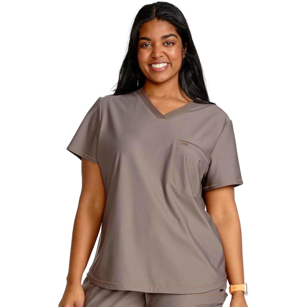 imageCherokee Scrubs for Women VNeck Top Tuckable Contemporary Fit Top Stretch Knit MoistureWicking Shirttail Hem CK819Iron