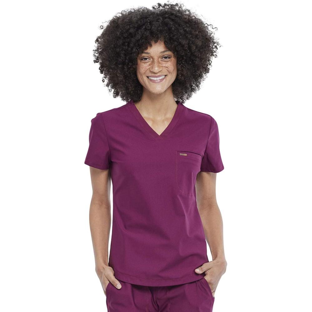 imageCherokee Scrubs for Women VNeck Top Tuckable Contemporary Fit Top Stretch Knit MoistureWicking Shirttail Hem CK819Wine