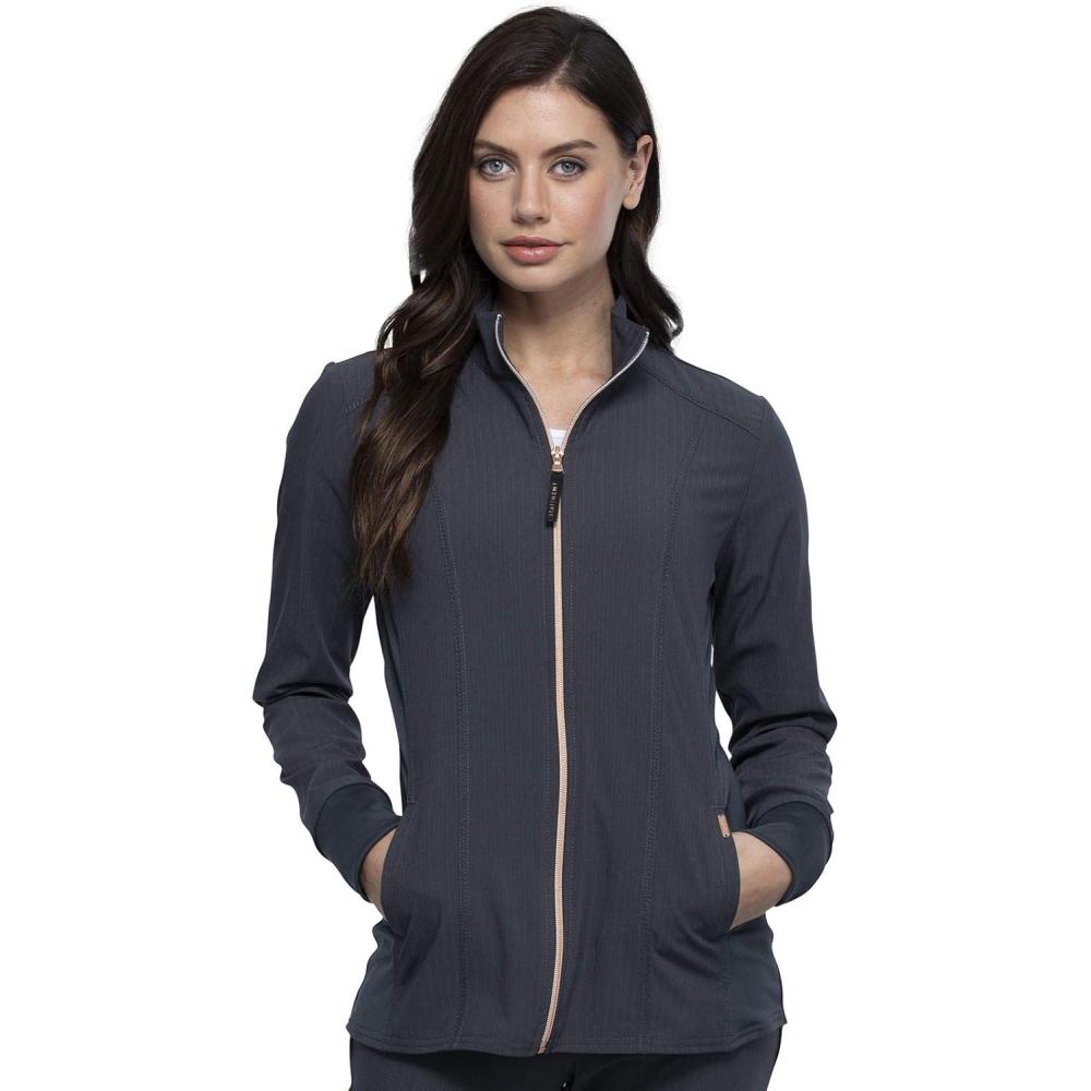 imageCherokee Statement Women Warm Up Scrubs Jacket Zip Front CK365Pewter