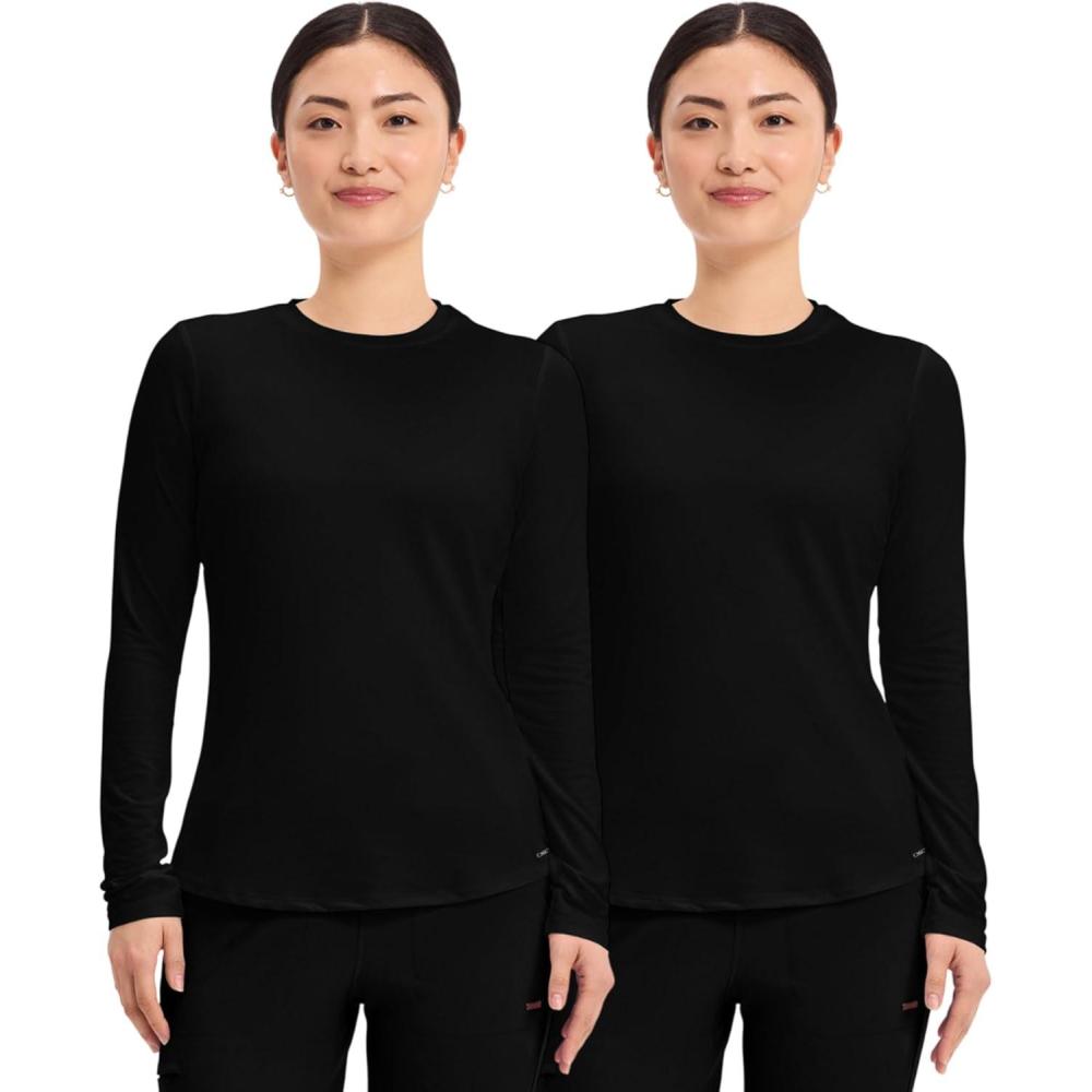 imageCherokee Underscrub Long Sleeve Womens Knit Tee Nursing Underscrubs Crew Neck Layering Top for Women CK773Black 2 Pack