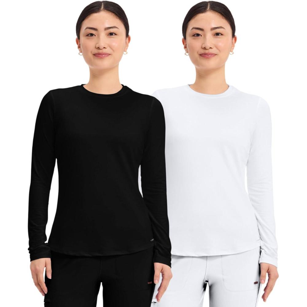 imageCherokee Underscrub Long Sleeve Womens Knit Tee Nursing Underscrubs Crew Neck Layering Top for Women CK773Black White 2 Pack