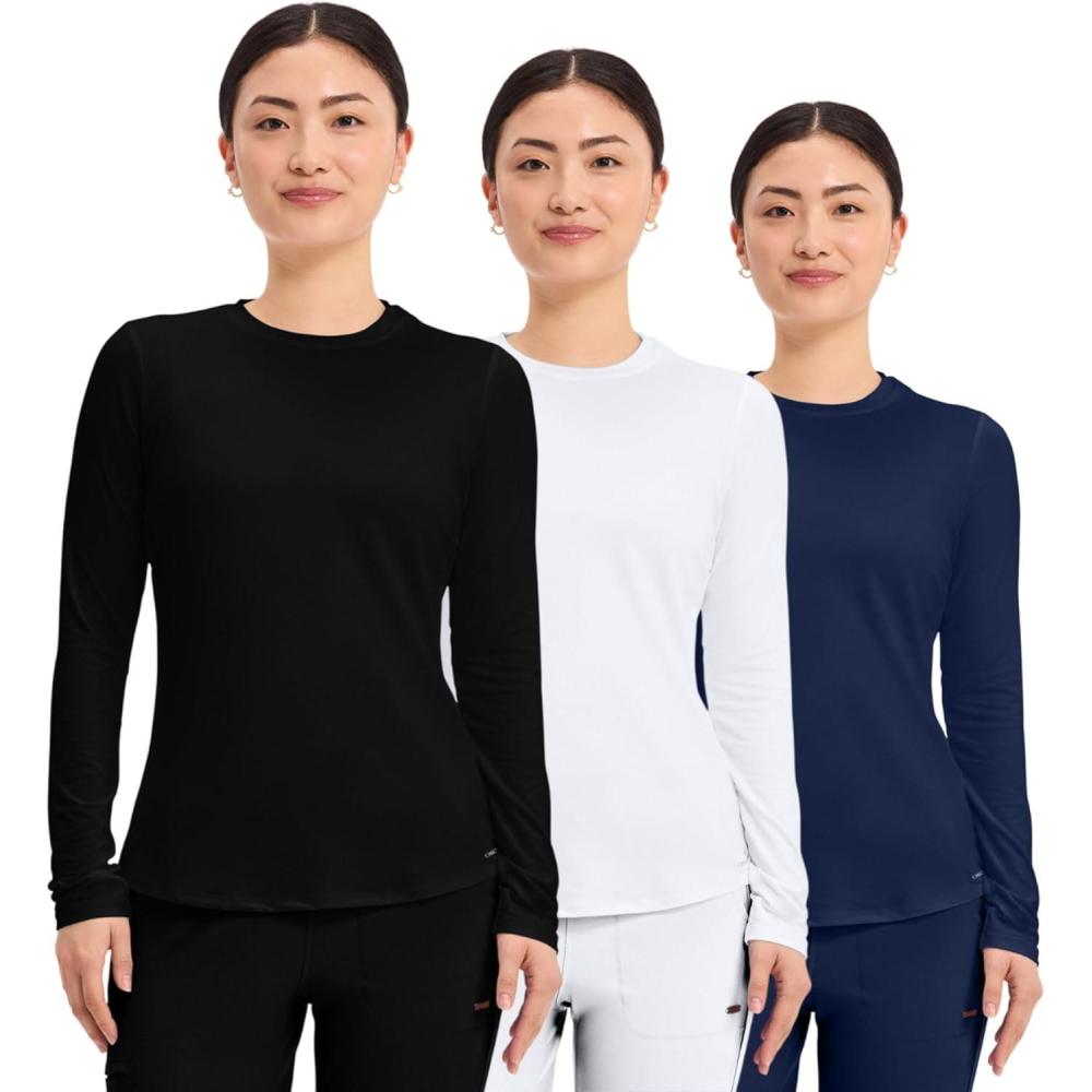 imageCherokee Underscrub Long Sleeve Womens Knit Tee Nursing Underscrubs Crew Neck Layering Top for Women CK773Black White Navy 3 Pack