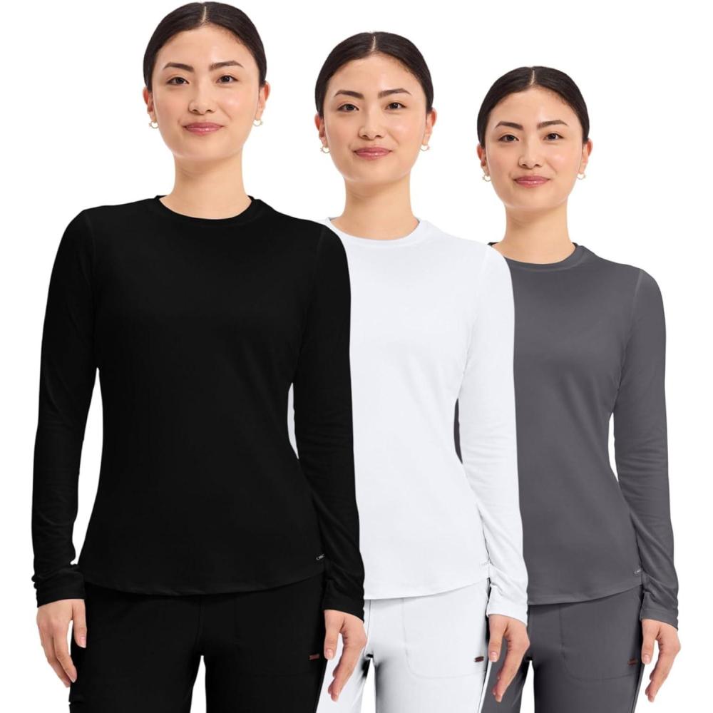 imageCherokee Underscrub Long Sleeve Womens Knit Tee Nursing Underscrubs Crew Neck Layering Top for Women CK773Black White Pewter 3 Pack