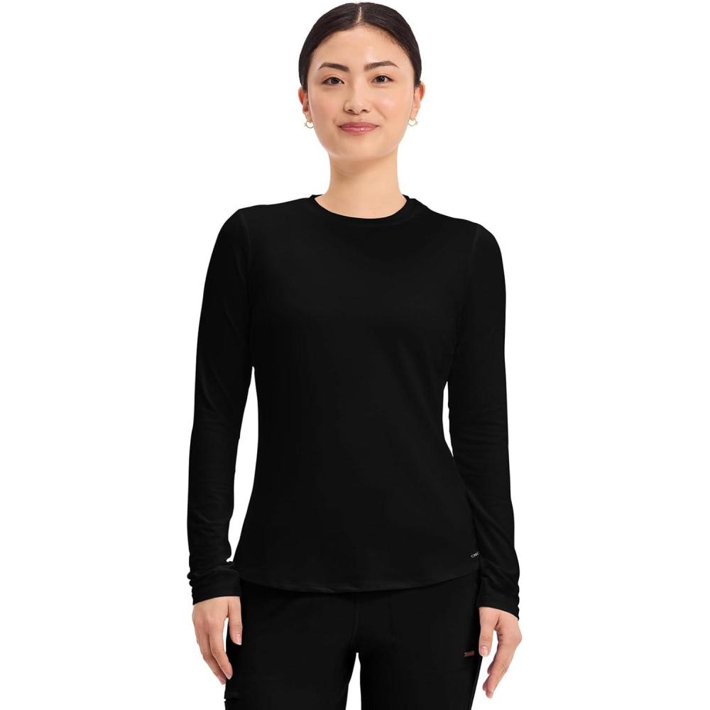 imageCherokee Underscrub Long Sleeve Womens Knit Tee Nursing Underscrubs Crew Neck Layering Top for Women CK773Black