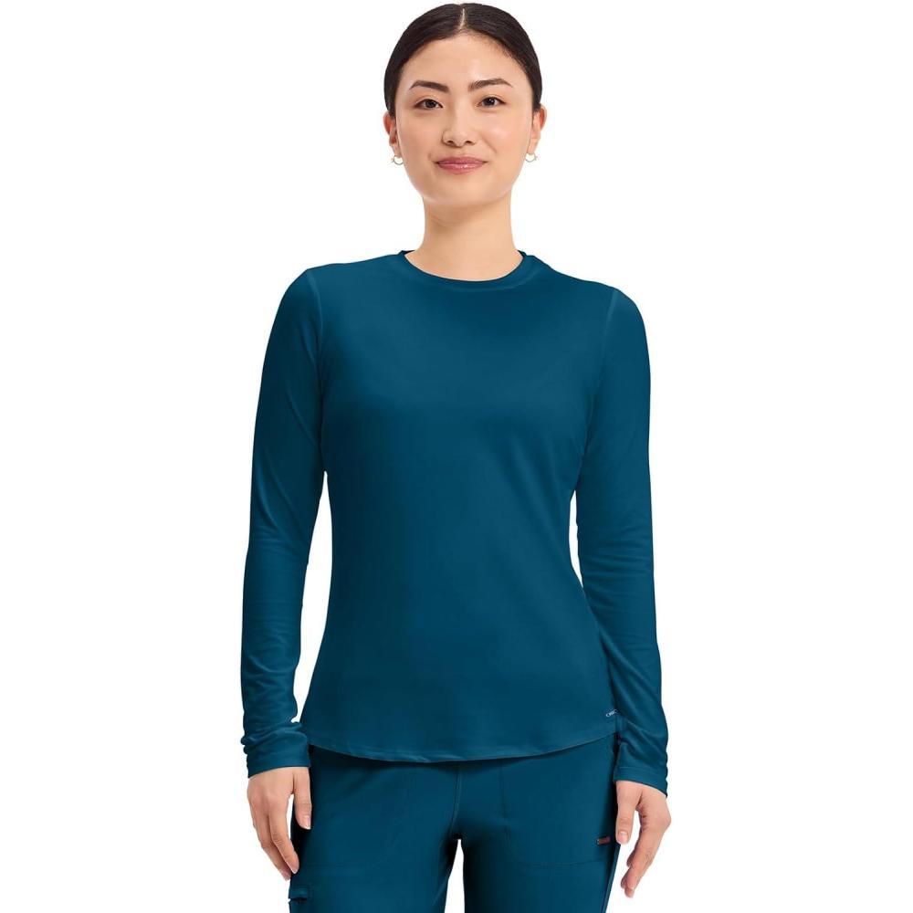 imageCherokee Underscrub Long Sleeve Womens Knit Tee Nursing Underscrubs Crew Neck Layering Top for Women CK773Caribbean Blue