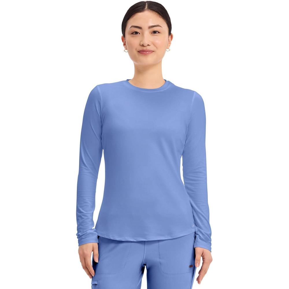 imageCherokee Underscrub Long Sleeve Womens Knit Tee Nursing Underscrubs Crew Neck Layering Top for Women CK773Ciel Blue