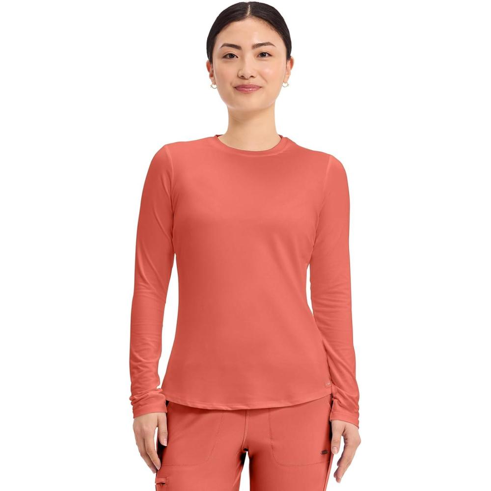imageCherokee Underscrub Long Sleeve Womens Knit Tee Nursing Underscrubs Crew Neck Layering Top for Women CK773Coral Rush