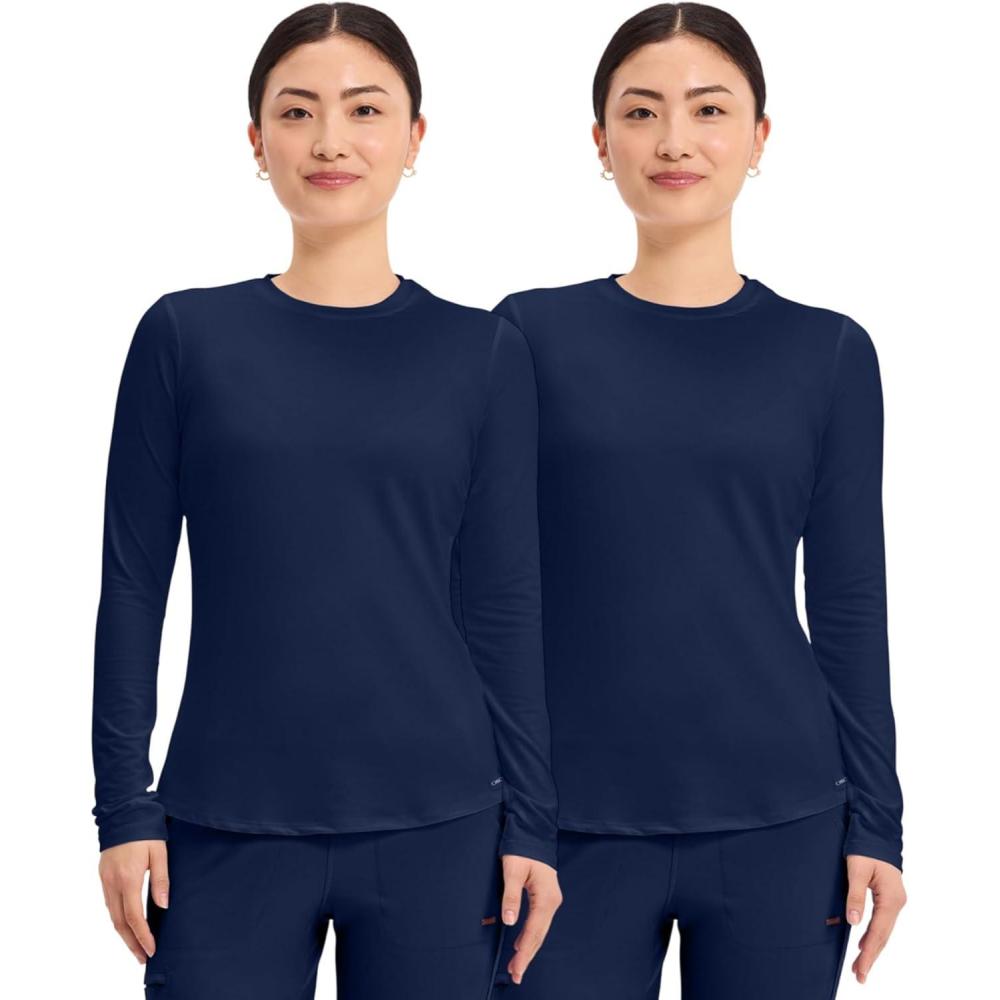 imageCherokee Underscrub Long Sleeve Womens Knit Tee Nursing Underscrubs Crew Neck Layering Top for Women CK773Navy 2 Pack