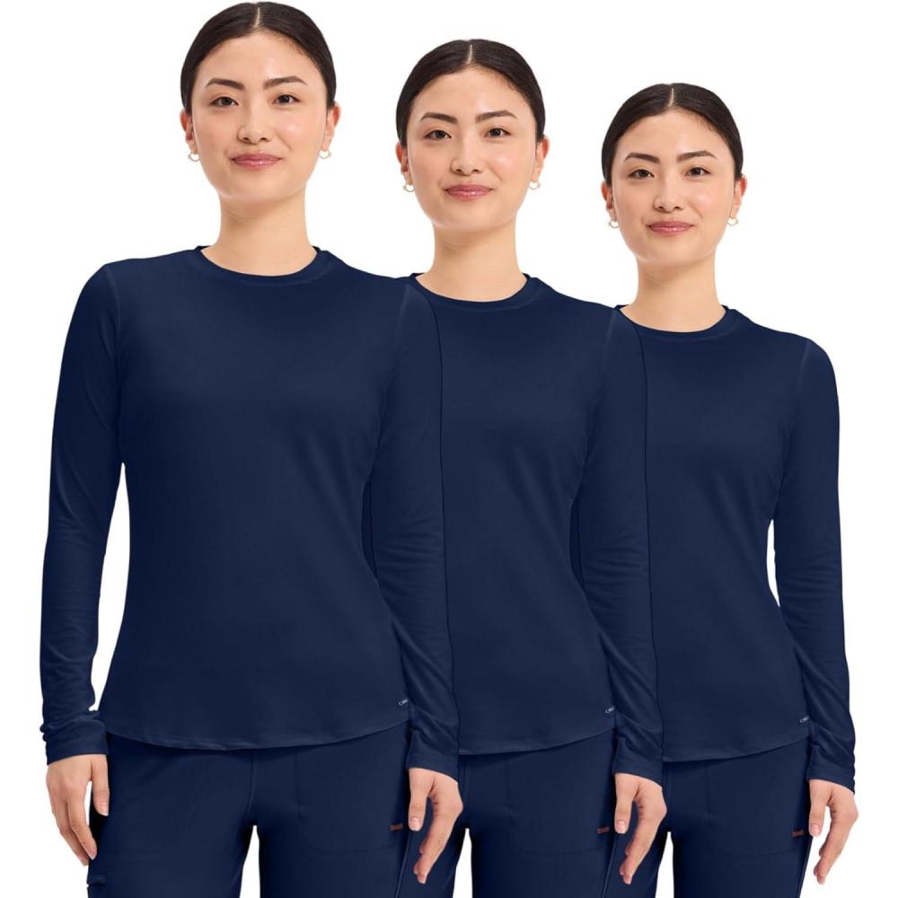 imageCherokee Underscrub Long Sleeve Womens Knit Tee Nursing Underscrubs Crew Neck Layering Top for Women CK773Navy 3 Pack