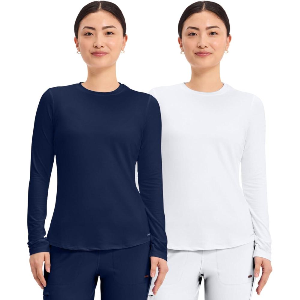 imageCherokee Underscrub Long Sleeve Womens Knit Tee Nursing Underscrubs Crew Neck Layering Top for Women CK773Navy White 2 Pack