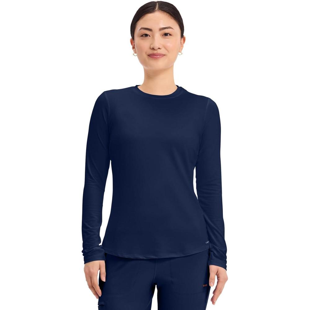 imageCherokee Underscrub Long Sleeve Womens Knit Tee Nursing Underscrubs Crew Neck Layering Top for Women CK773Navy
