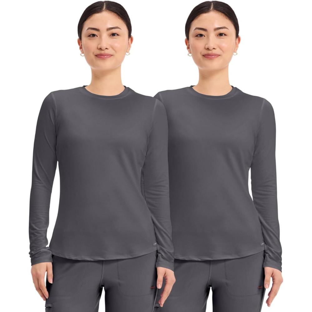 imageCherokee Underscrub Long Sleeve Womens Knit Tee Nursing Underscrubs Crew Neck Layering Top for Women CK773Pewter 2 Pack