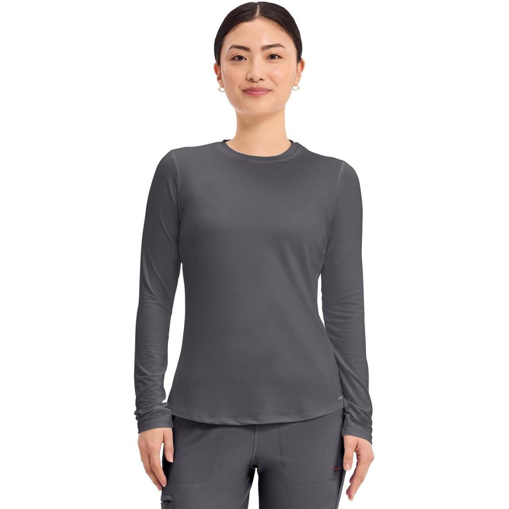 imageCherokee Underscrub Long Sleeve Womens Knit Tee Nursing Underscrubs Crew Neck Layering Top for Women CK773Pewter