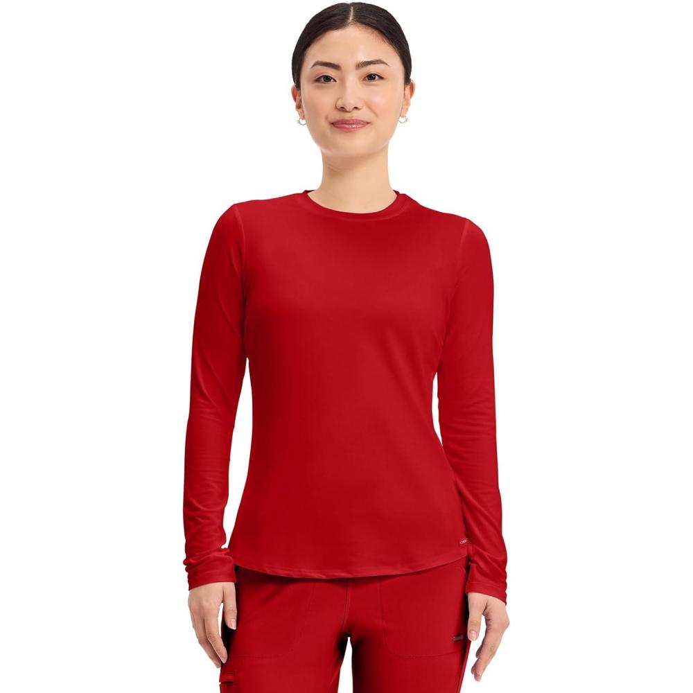 imageCherokee Underscrub Long Sleeve Womens Knit Tee Nursing Underscrubs Crew Neck Layering Top for Women CK773Red