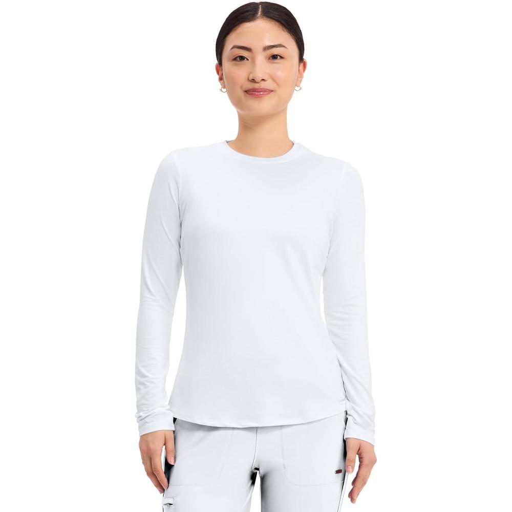 imageCherokee Underscrub Long Sleeve Womens Knit Tee Nursing Underscrubs Crew Neck Layering Top for Women CK773White