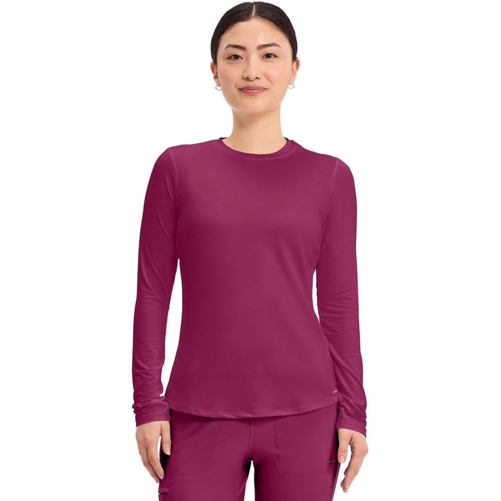imageCherokee Underscrub Long Sleeve Womens Knit Tee Nursing Underscrubs Crew Neck Layering Top for Women CK773Wine