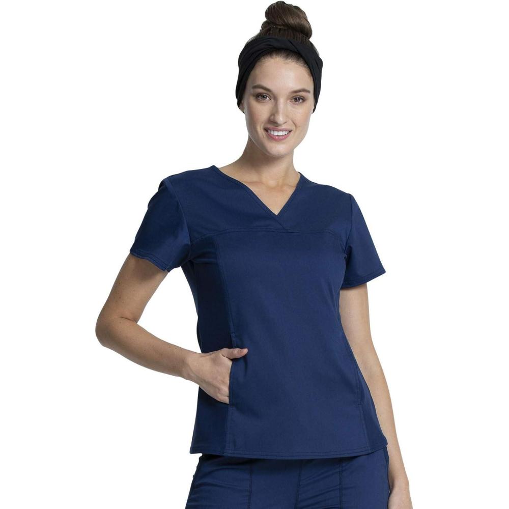 imageCherokee VNeck Knit Panel Scrub Top for Women Modern Classic Fit with Stretch Side Panels amp Kangaroo Pocket WW2875Navy