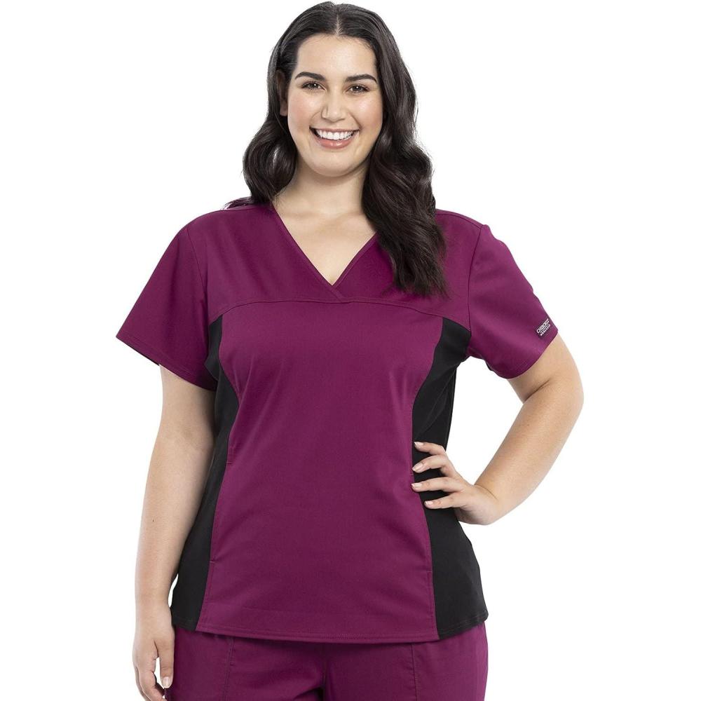 imageCherokee VNeck Knit Panel Scrub Top for Women Modern Classic Fit with Stretch Side Panels amp Kangaroo Pocket WW2875Wine