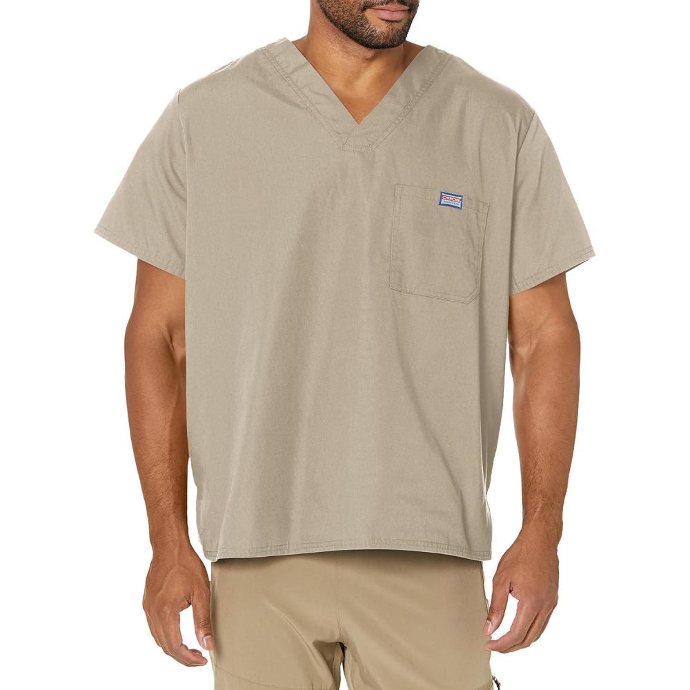 imageCherokee VNeck Mens Scrub Top with Chest Pocket Durable Fade Resistant and Easy CareKhaki