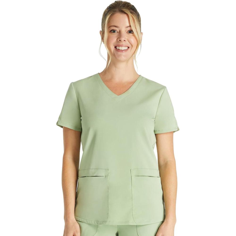 imageCherokee VNeck Scrub Top for Women with 2 Pockets Knit Insets and Notch at The Shirttail Hem for Comfort  CK837ACool Cucumber