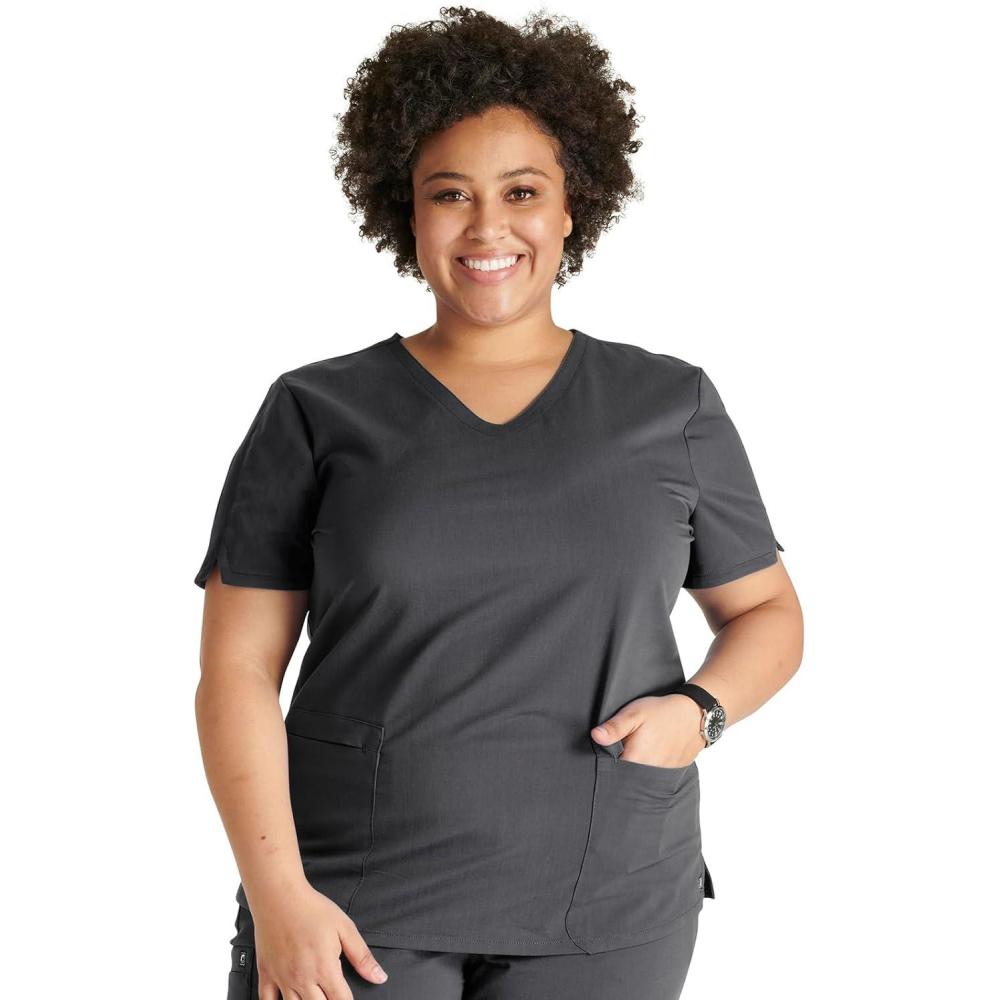 imageCherokee VNeck Scrub Top for Women with 2 Pockets Knit Insets and Notch at The Shirttail Hem for Comfort CK837APewter