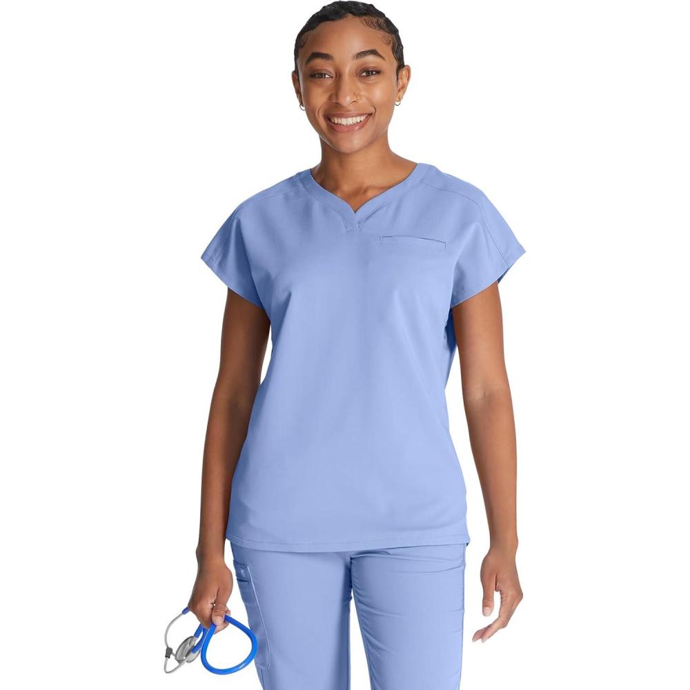 imageCherokee VNeck Womens Scrub Top with Dolman Sleeves amp HighLow Shirttail Hem for Comfort CK836ABlissful Sky
