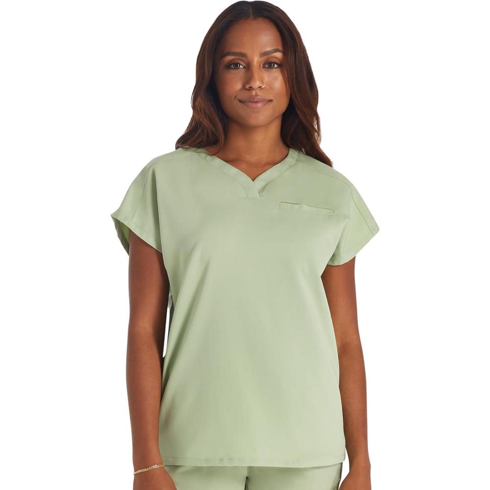 imageCherokee VNeck Womens Scrub Top with Dolman Sleeves amp HighLow Shirttail Hem for Comfort CK836ACool Cucumber