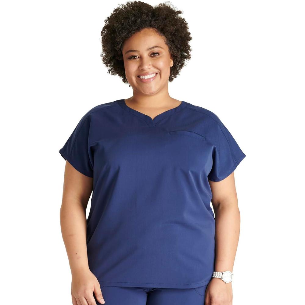 imageCherokee VNeck Womens Scrub Top with Dolman Sleeves amp HighLow Shirttail Hem for Comfort CK836ANavy
