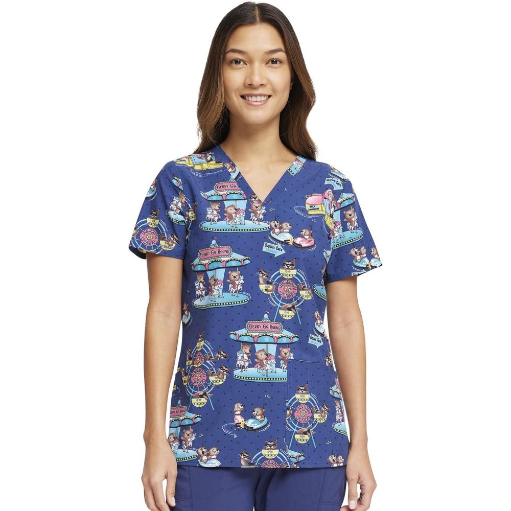 imageCherokee Women Scrub Tops VNeck Print Top with 2 Pockets Back Yoke Seam and Side Vents CK671Carnival Critters
