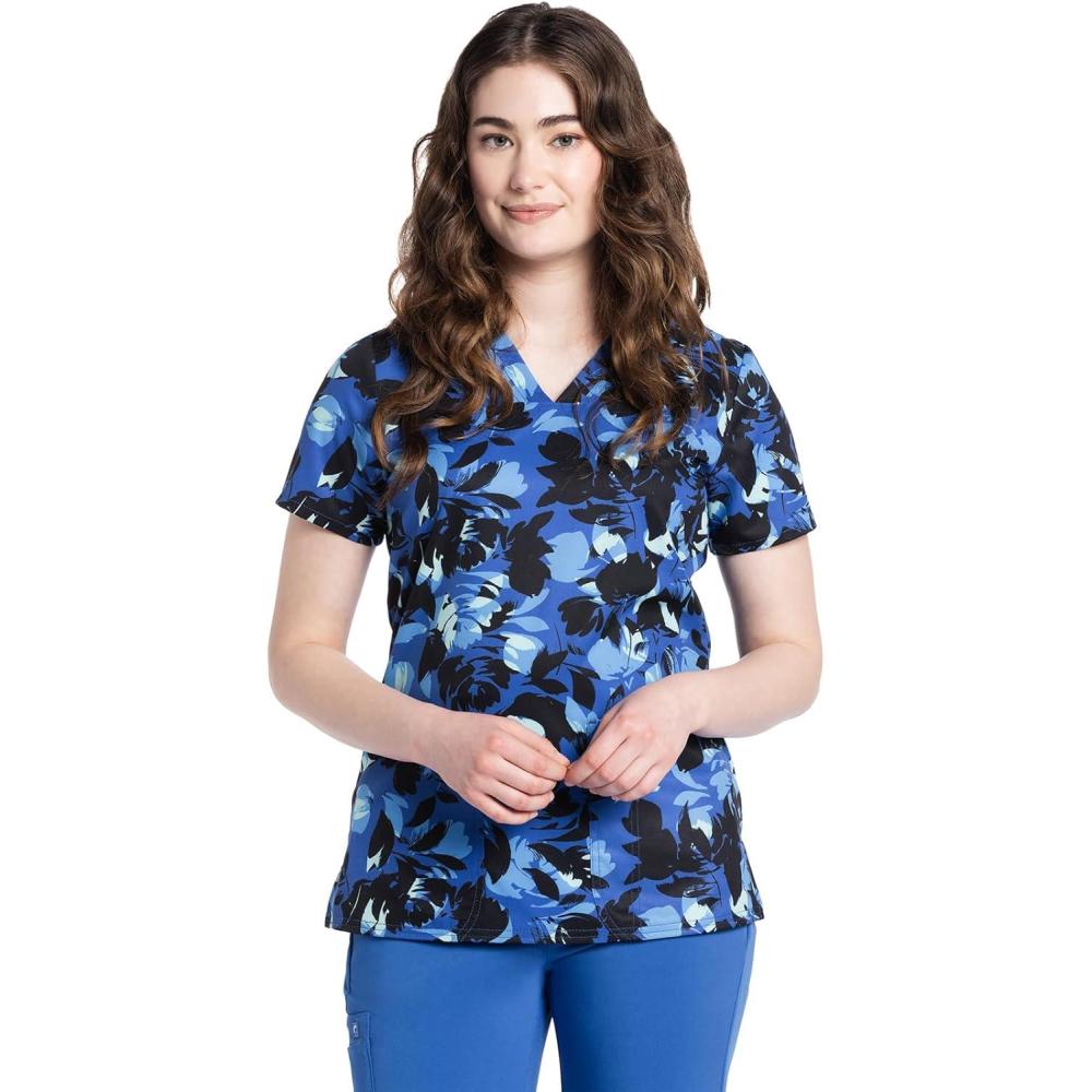imageCherokee Women Scrub Tops VNeck Print Top with 2 Pockets Back Yoke Seam and Side Vents CK671Garden Silhouette