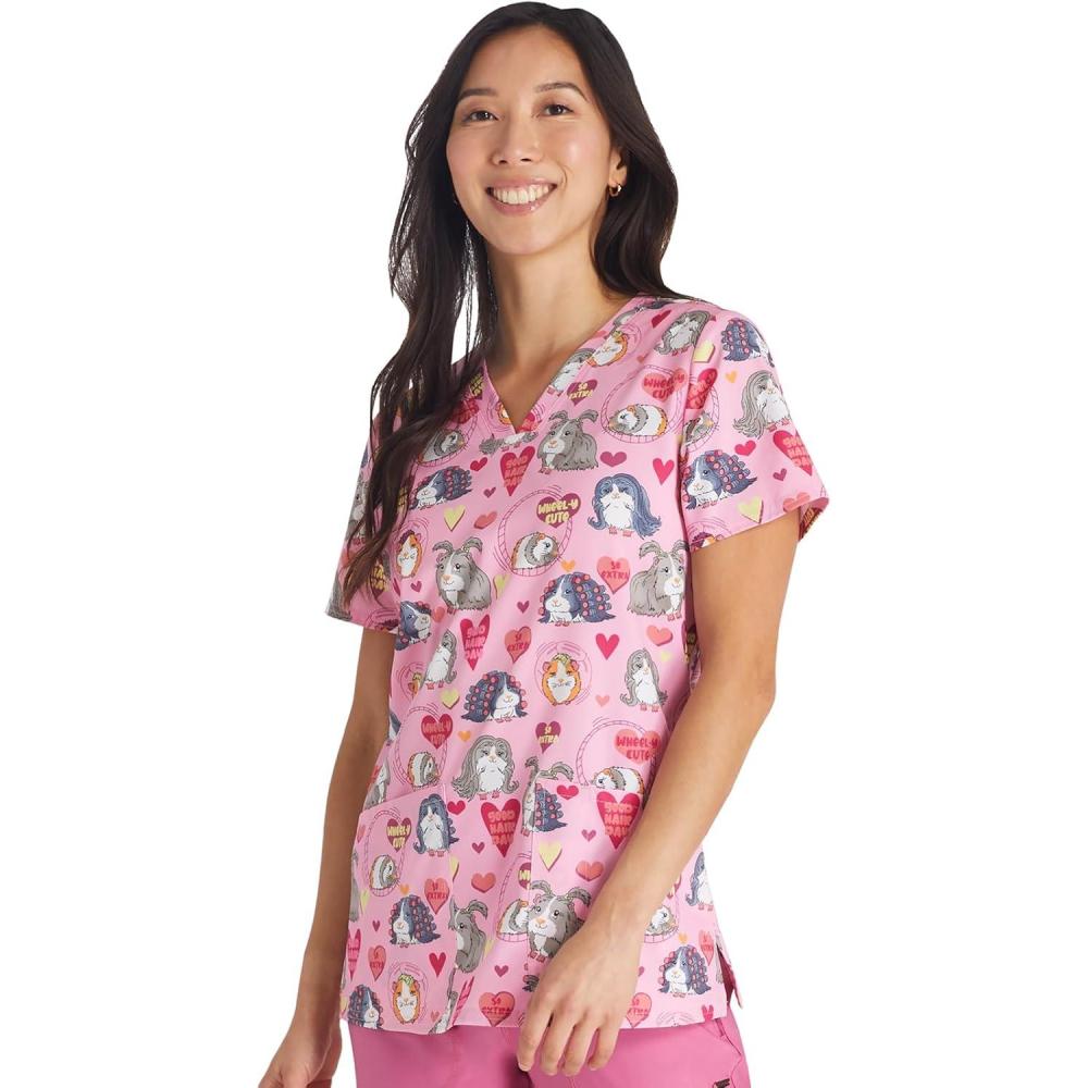 imageCherokee Women Scrub Tops VNeck Print Top with 2 Pockets Back Yoke Seam and Side Vents CK671Good Hair Day