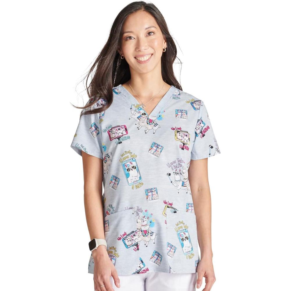 imageCherokee Women Scrub Tops VNeck Print Top with 2 Pockets Back Yoke Seam and Side Vents CK671Llama Take a Selfie