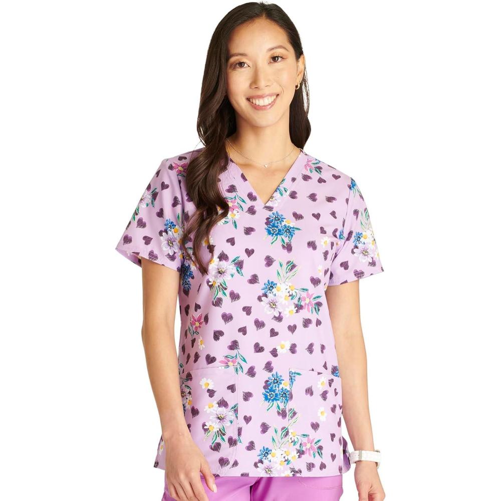 imageCherokee Women Scrub Tops VNeck Print Top with 2 Pockets Back Yoke Seam and Side Vents CK671Loving Petals
