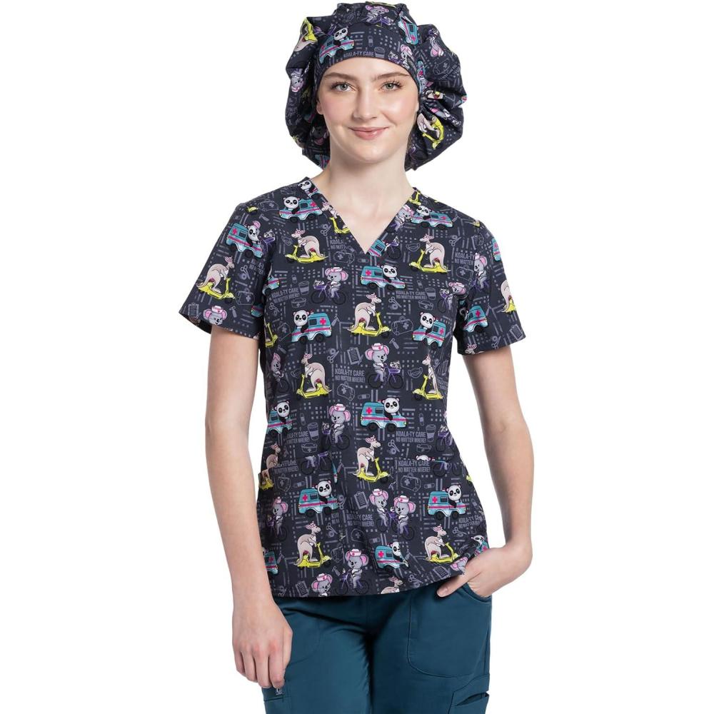 imageCherokee Women Scrub Tops VNeck Print Top with 2 Pockets Back Yoke Seam and Side Vents CK671On the Go Care