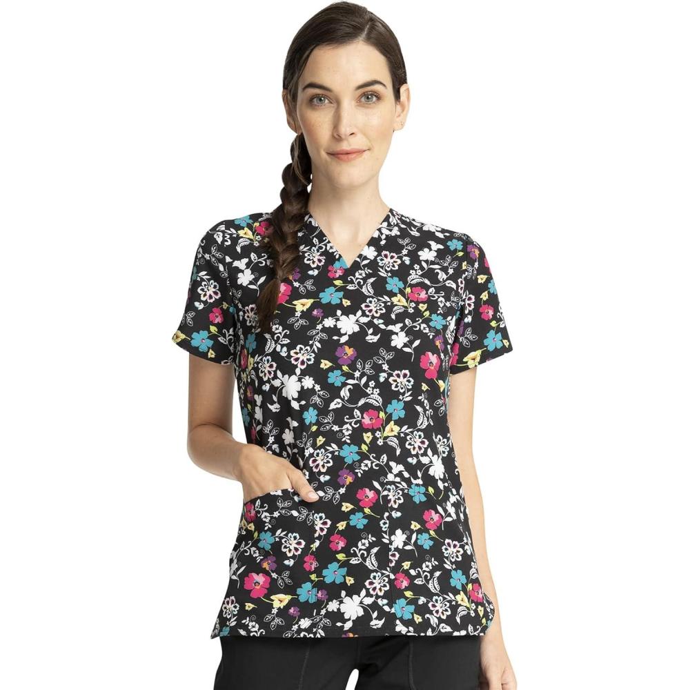 imageCherokee Women Scrub Tops VNeck Print Top with 2 Pockets Back Yoke Seam and Side Vents CK671Scroll for It