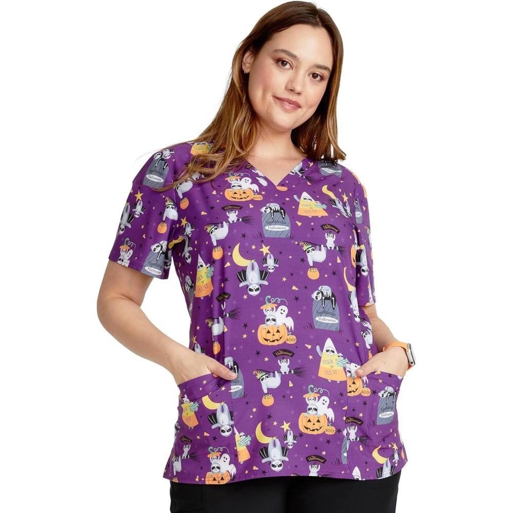 imageCherokee Women Scrub Tops VNeck Print Top with 2 Pockets Back Yoke Seam and Side Vents CK671Spooktacular Sloths