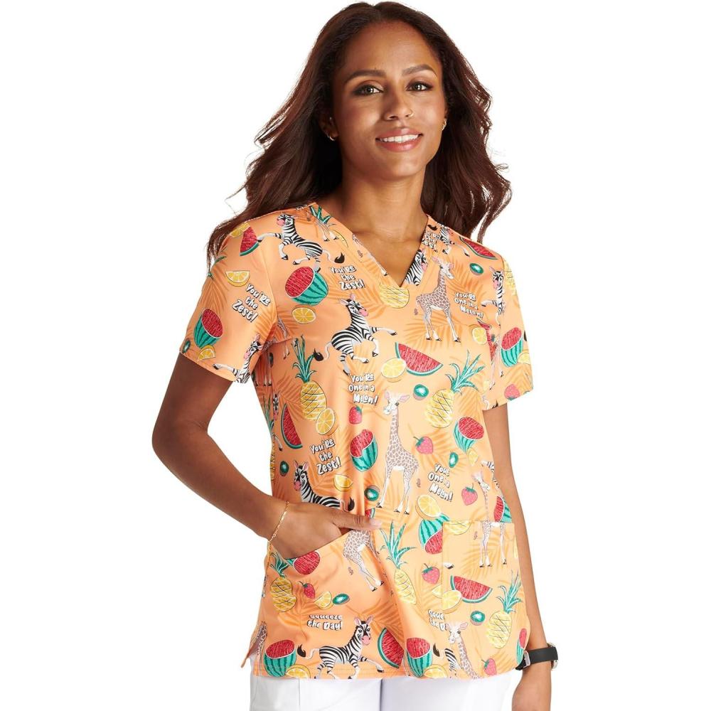 imageCherokee Women Scrub Tops VNeck Print Top with 2 Pockets Back Yoke Seam and Side Vents CK671Youre the Zest