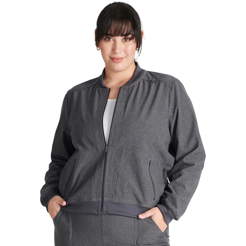 imageCherokee Women Scrubs Jacket Zip Front Bomber CK349AHeather Pewter
