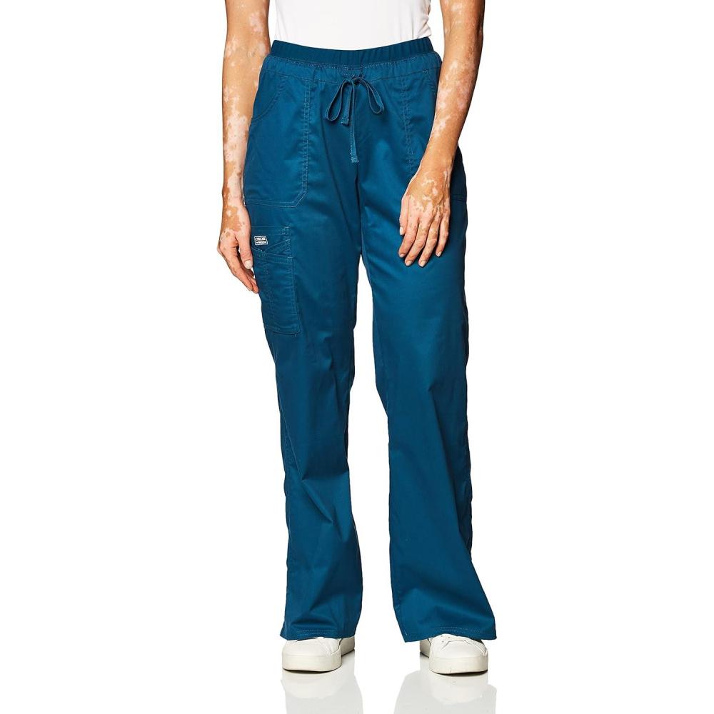 imageCherokee Women Scrubs Pants Low Rise Flare Leg Bottoms Adjustable Drawstring with 6 Pockets 24001Caribbean Blue
