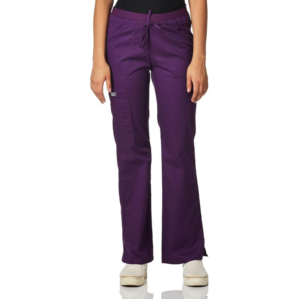 imageCherokee Women Scrubs Pants Low Rise Flare Leg Bottoms Adjustable Drawstring with 6 Pockets 24001Eggplant